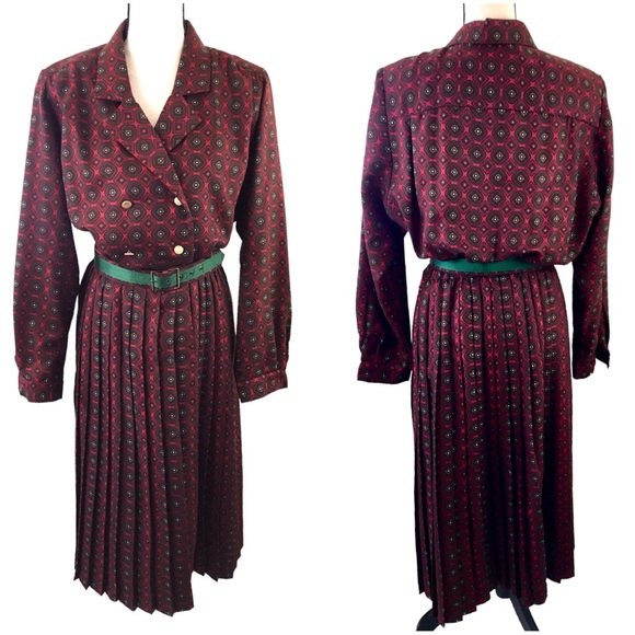 Vintage 70s 80s Schrader Sport Double Breasted Pleated Secretary Dress Red Green - Picture 2 of 10